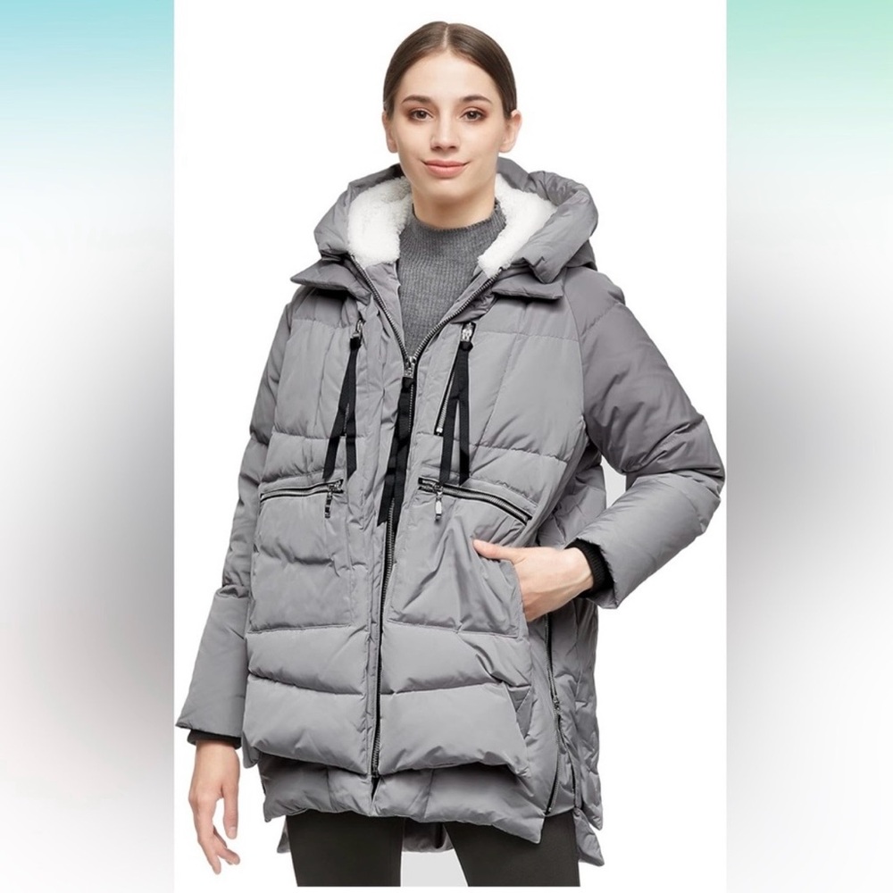 Orolay Gray Down Puffer Coat Small | Sherpa Hood 6 Pocket Side Zip Winter Jacket - Picture 2 of 14